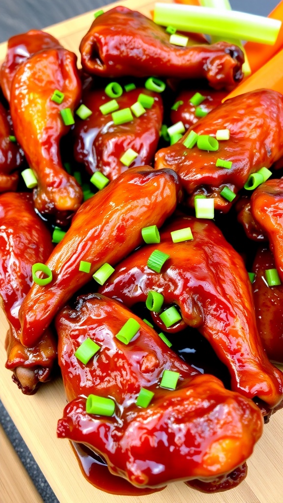 A delicious spread of spicy barbecue chicken wings on a wooden platter, garnished with green onions and accompanied by celery and carrot sticks.